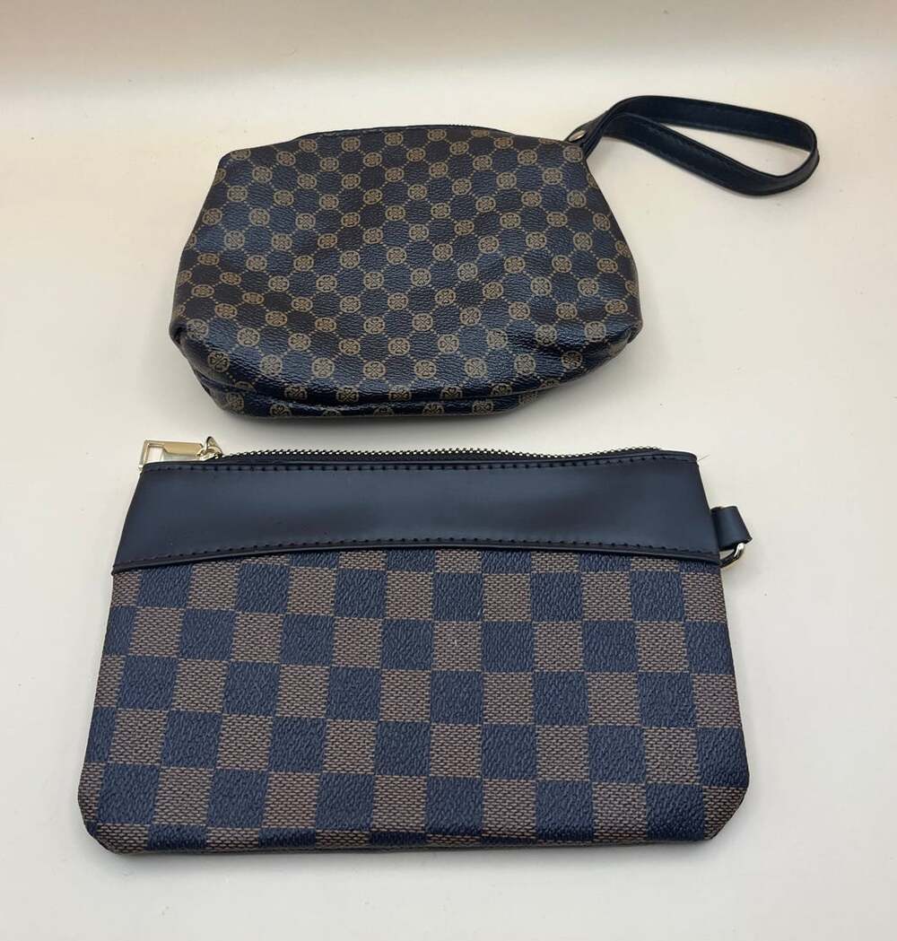 Set of 2 Brown Checkered Zip Pouches Coin Purse Wristlet Faux Leather Gold